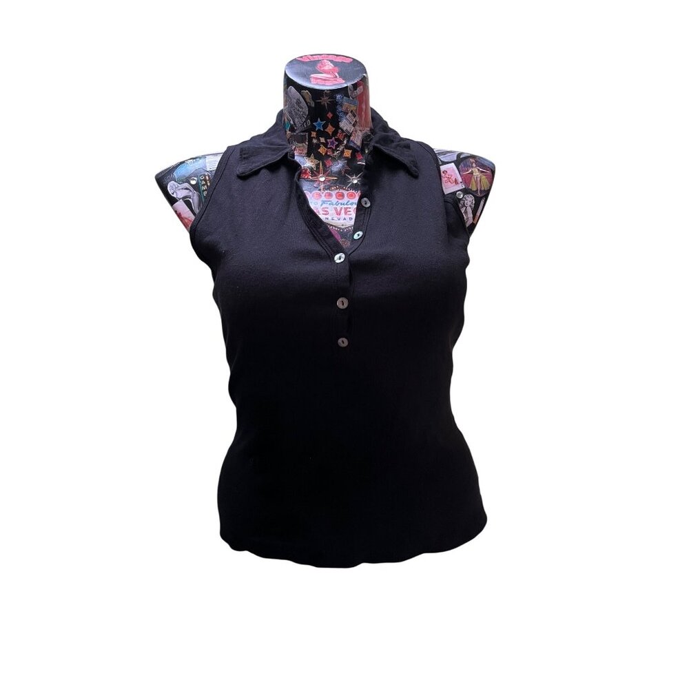 Michael Stars Womens Sleeveless Collared Black Top 1X & 2X 100% Cotton USA-Made